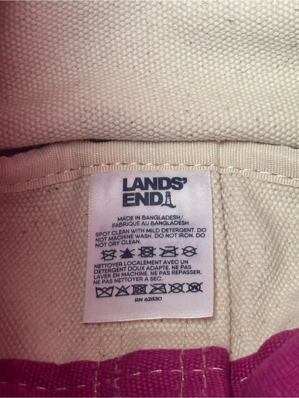 Lands' End White Canvas Tote with Fuchsia Trim and Handles